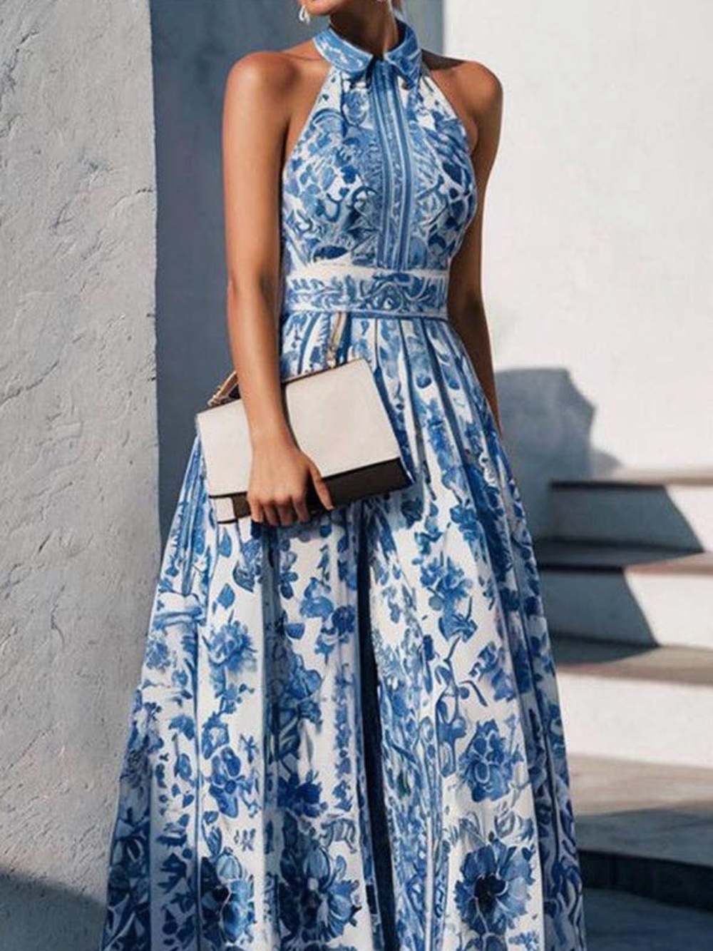 Made in USA A-Line Loose Flower Print Split-Joint Lapel Maxi Dress Cotton blend